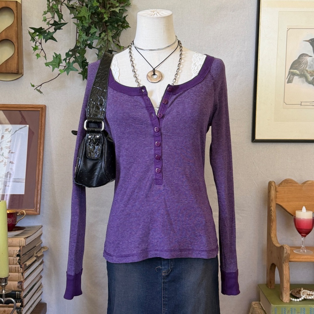 Purple Striped Ribbed Henley Fitted Top Indie Sleaze M Layering Emo Twilightcore